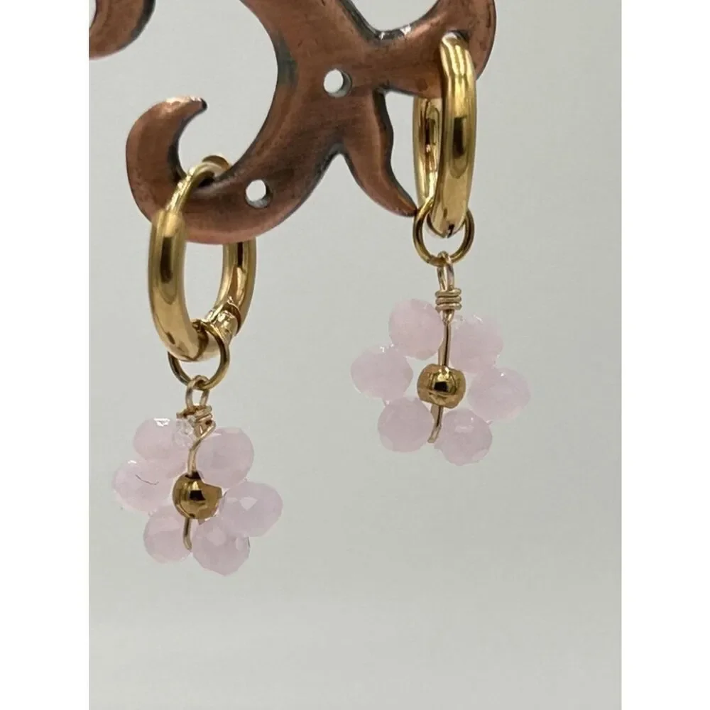 Gold Hoop Pink Flower earring A1831